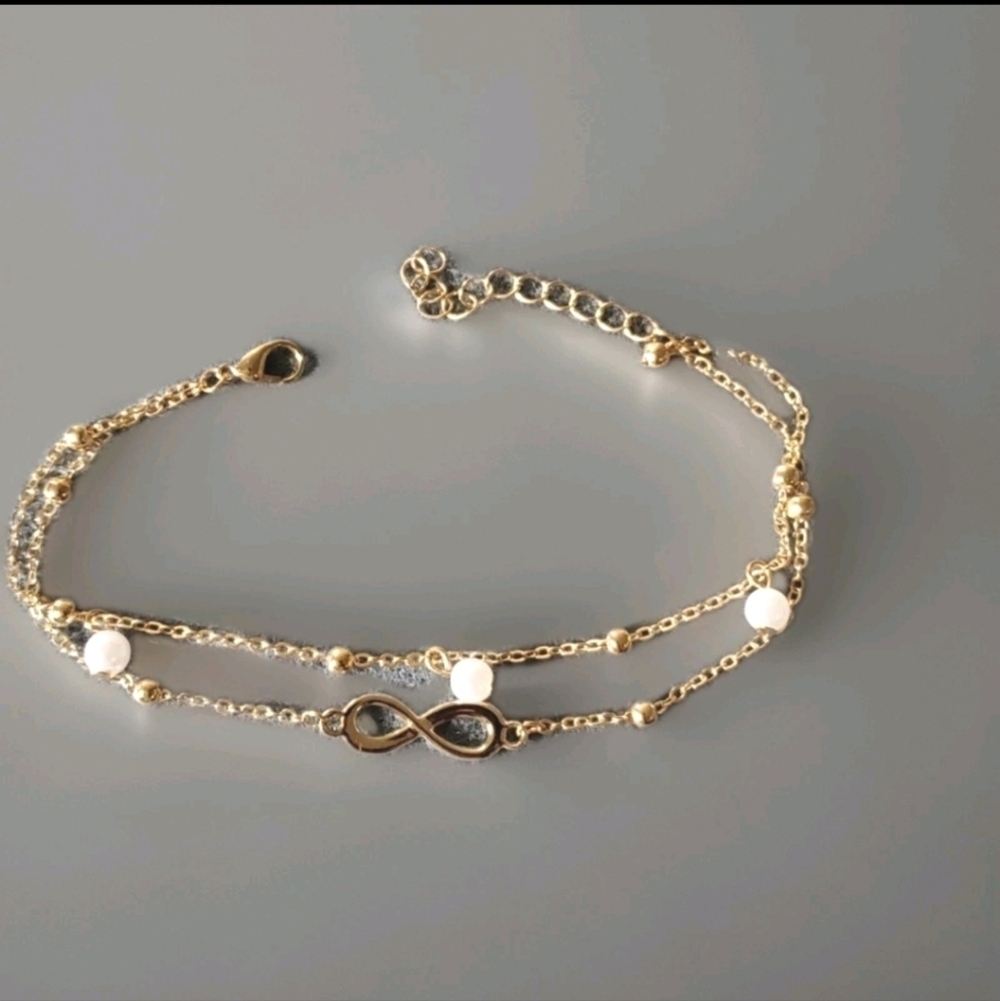 Goldtone Double Strand Pearl Anklet 10 Inch